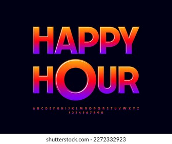 Afiche de promoción de vectores Happy Hour. Fuente de degradado colorida. Letras y números de alfabeto lustroso de moda