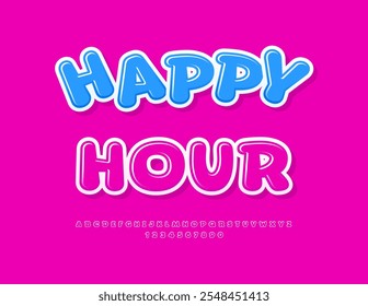 Vector promo poster Happy Hour. Glossy Pink Font. Comic style Alphabet Letters and Numbers set.