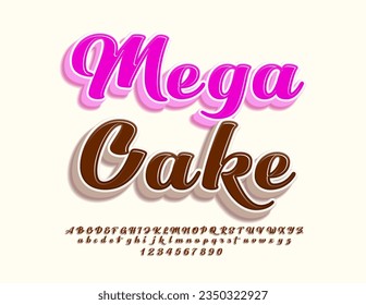 Vector promo poster Mega Cake.  Bright Calligraphic Font. Creative 3D Alphabet Letters, Numbers and Symbols set