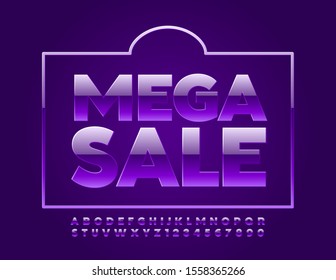 Vector promo Poster Mega Sale with Shopping Bag. Glossy Violet Font. Stylish Alphabet Letters and Numbers.