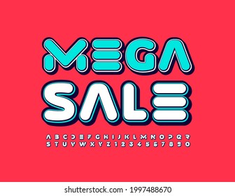 Vector promo poster Mega Sale. Futuristic cosmic Font. Stylish Alphabet Letters and Numbers set