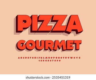 Vector promo poster Pizza Gourmet. Artistic 3D Font. Trendy set of Stylish Alphabet Letters and Numbers.