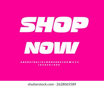 Vector Promo poster Shop Now. Dynamic White Font. Unique Digital Alphabet Letters and Numbers set