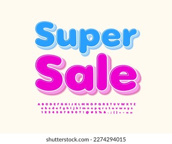 Vector promo poster Super Sale. Modern Pink 3D Font. Creative Alphabet Letters and Numbers.