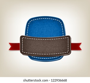Vector promo rough denim fabric and leather banner decorated with red ribbon tags