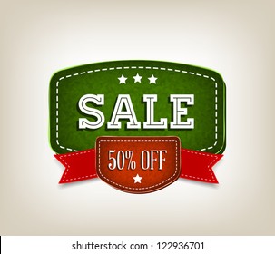 Vector promo rough fabric banner decorated with red ribbon tags - "Sale 50% Off"