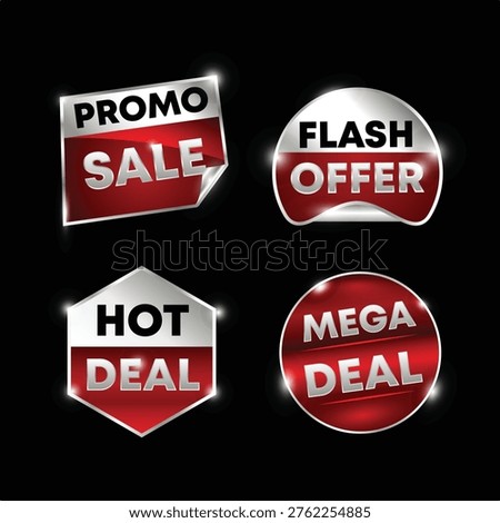 Vector Promo Sale Badges - Flash Offer, Hot Deal, Mega Deal Stickers with Realistic Metallic Texture and Glossy Finish on Black Background