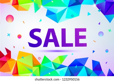 Vector promo, sale poster, banner. eometric facet 3d shapes, discount design for print or web, media, promotional material