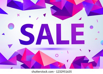 Vector promo, sale poster, banner. eometric facet 3d shapes, discount design for print or web, media, promotional material