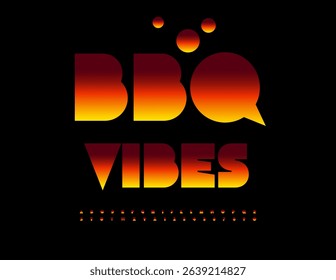 Vector Promo template BBQ Vibes. Flame style Font. Fire Digital Alphabet Letters and Numbers set.