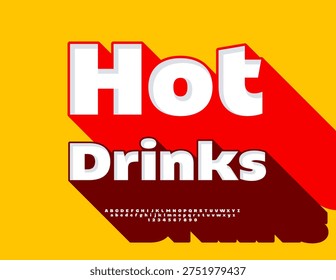 Vector Promo template Hot Drinks for Cafe and Restaurant. Trendy Font with Big Shadow. Bright 3D Alphabet Letters and Numbers set.
