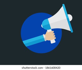 Vector promotion and advertising concept - icon in flat style. Male hand holding loudspeaker.