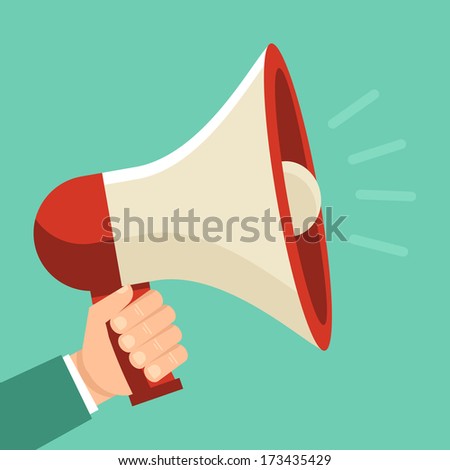 Vector promotion and advertising concept - icon in flat style. Male hand holding loudspeaker