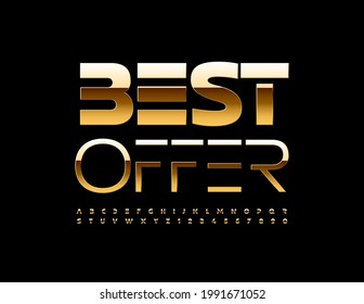 Vector promotion badge Best Offer with exclusive Alphabet Letters and Numbers set. Golden metal Font