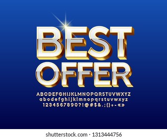 Vector Promotion banner Best Offer with 3D Font. White and Golden Alphabet Letters, Numbers and Symbols for Business Marketing