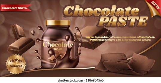 Vector promotion banner of chocolate paste or nut butter in plastic jar, isolated on brown background. Advertising banner with container of choco spread, sweet fast food for eating with bread