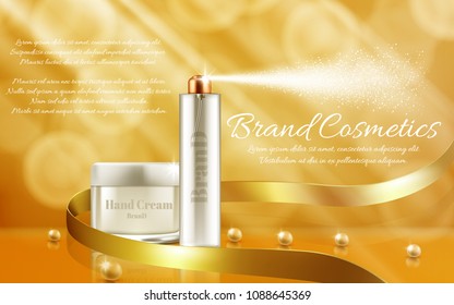 Vector promotion banner with glass jar and spray bottle for cosmetic products, hand cream, body lotion, freshener, tonik isolated on yellow background with shining pearls. Package set for brand design