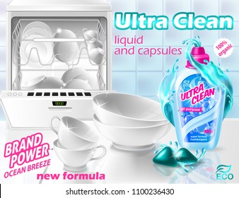 Vector promotion banner of liquid cleaner and capsules for dishwasher. Plastic bottle with detergent gel and clean white cups, bowls, plates. Horizontal background, mockup for brand advertising