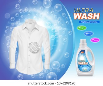 Vector promotion banner of liquid detergent for laundry or stain remover in plastic bottle, with white clean shirt on blue background with soap bubbles. Cleaning concept, mockup for brand advertising