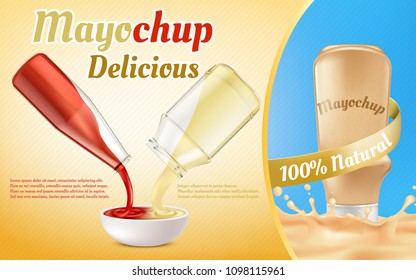 Vector promotion banner of mayochup sauce. Tomato ketchup and mayonnaise pouring from glass bottles, blend in white bowl to get delicious condiment for eating and cooking. Mockup for brand advertising