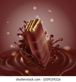 Vector promotion banner, realistic crispy waffle with splash of melted chocolate isolated on brown background. Wafer with cacao cream filling, sweet crunchy dessert. Mockup for brand advertising