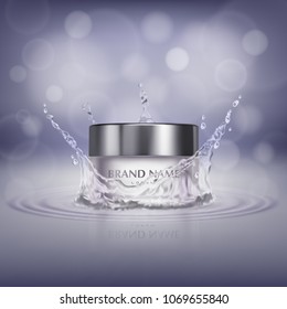 Vector promotion banner with realistic glass jar in water splash, bottle of cosmetic cream or facial mask isolated on background. Skincare, beauty product for skin treatment. Mockup for brand design