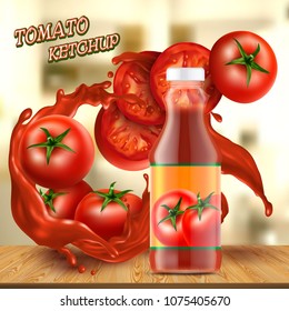 Vector promotion banner with realistic glass bottle of ketchup, with splashes of red sauce, with tomatoes and slices on background. Jar with paste or natural tomato juice. Mock-up for brand advertising