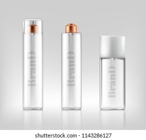 Vector promotion banner with realistic glass sprays, jars of cosmetic, gel, cream, bottles isolated on background. Skincare, beauty product for skin treatment. Mockup for brand design