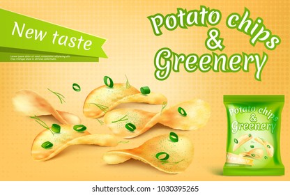 Vector promotion banner with realistic potato chips and greenery, high-calorie meal, foil package with crispy salted snacks on yellow background. Mockup for brand advertising, packaging design