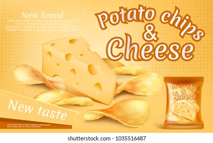 Vector promotion banner with realistic potato chips and piece of cheese, high-calorie meal, foil package with crispy salted snacks on yellow background. Mockup for brand advertising, packaging design