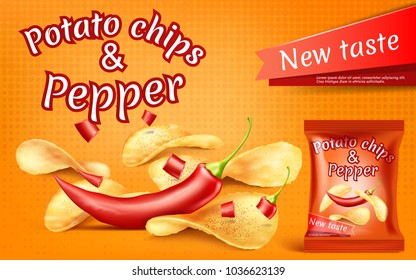 Vector promotion banner with realistic potato chips and red hot chili pepper, high-calorie meal in foil package, with crispy spicy snacks on orange background. Mockup for packaging design