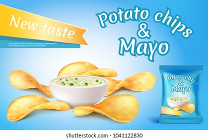 Vector promotion banner with realistic potato chips and mayo in bowl. Fast food with mayonnaise, foil package with crispy salted snacks on blue background. Mockup for brand ad, packaging design