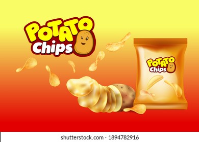 Vector promotion banner with realistic potato chips, with crispy spicy snacks on orange background. Mockup for packaging design