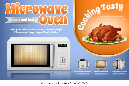 Vector promotion banner with realistic white microwave oven and roast chicken with vegetables on dish to demonstrate its functions. Modern household appliance for heat, defrost and cooking food