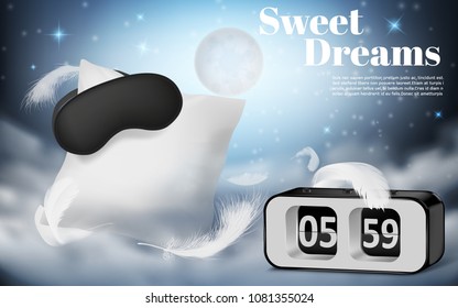 Vector promotion banner with realistic white pillow, blindfold and alarm clock on blue night background with clouds. Cushion and black mask, bedroom accessories for comfortable rest and sweet dreams