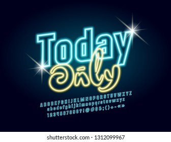 Vector promotion offer Today Only with glowing Font. Blue neon Alphabet Letters, Numbers and Symbols