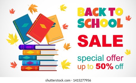 Vektorillustration Promotion Poster Zurück zum Schulkauf in Cartoon flach mit Büchern und Herbstblättern. Bildungskonzept. Zurück zur Schulvorlage für Banner, Druck, Flyer, Schulverkauf, Bibliothek, Angebot.