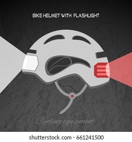 Cartel de la promoción del Vector del casco de la bicicleta con la linterna y la luz roja posterior en la pared agrietada gris oscura.