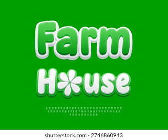 Vector Promotion poster Farm House with Decorative Flower. Cute Green Font. Groovy Rounded Alphabet Letters and Numbers set. 