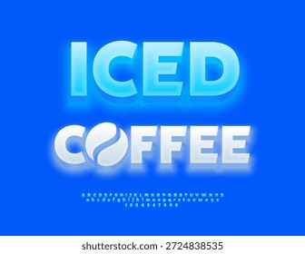 Vector Promotion poster Iced Coffee. Trendy Blue Font. Set of Glowing Alphabet Letters, Numbers and Symbols