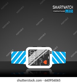 Vector promotion poster of white smart watch with striped watchband and reflection on the dark gray background with a pattern of words.