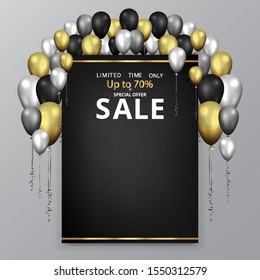 Vector promotion sale flyer, creative golden black and silver decoration,  glitter shiny realistic balloons  coupon,  discount metallic luxury poster. 