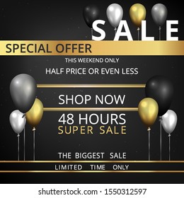 Vector promotion sale flyer, creative golden black and silver decoration,  glitter shiny realistic balloons  coupon,  discount metallic luxury poster. 