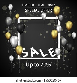 Vector promotion sale flyer, creative golden black and silver decoration,  glitter shiny realistic balloons  coupon,  discount metallic luxury poster. 