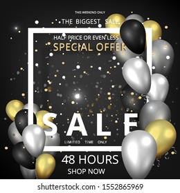 Verkaufsförderungsflugzeug für Vektorillustrationen, kreative goldene Schwarz-Silber-Dekoration, glänzender realistischer Balloncoupon, Discount-Metallic-Luxus-Poster. 