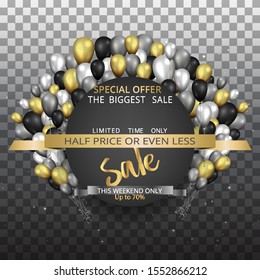 Vector promotion sale flyer, creative golden black and silver decoration,  glitter shiny realistic balloons  coupon,  discount metallic luxury poster. 