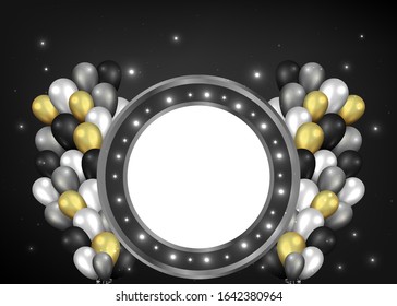 Vector promotion sale flyer, creative golden black and silver decoration,  glitter shiny realistic balloons  coupon,  discount metallic luxury poster. 
