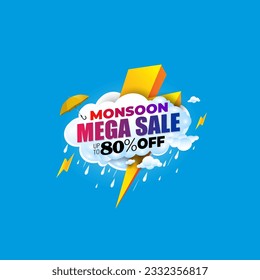 Vector Promotional advertising poster design. Monsoon sale, mega offer concept. Raining clouds with umbrella and thunder.