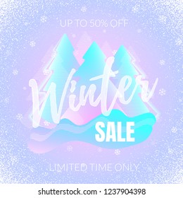 Vector promotional blue and lilac poster with abstract holographic christmas trees, snowflakes and shabby corners. Text Winter Sale, Limited Time Only, Up to 50% Off.