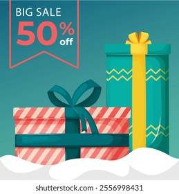 A vector promotional brochure showcasing decorated gifts nestled in snow, evoking a festive mood. Suitable for posts, graphics, and advertisements.